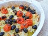 Gratin fenouil, tomates cerises, olives et pecorino