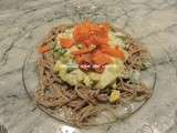 Pâtes de sarrasin (soba) ig bas aux petits légumes, saumon ou saumon fumé