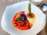 Carpaccio de fraises, sirop Jardin suspendu, crème brûlée Loreleï, matcha croustillant