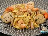 Tagliatelles avec cèpes, crevettes et coquilles Saint-Jacques