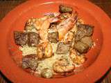 Gambas et foie d'agneau sur lit de boulghour