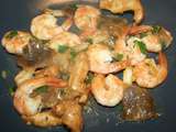 Gambas ou grosses crevettes, pied de mouton et pleurotes sauce échalote