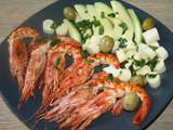 Gambas royales, coeurs de palmier, avocat, vinaigrette à l'ail des ours