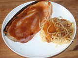 Jambon de Vendée fumé à la plancha et linguine sauce madère