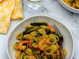 Orecchiette safranées aux crevettes, asperges et petits-pois