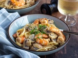 Pâtes crémeuses aux champignons et crevettes