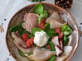 Assiette de poisson fumé, salade d’épinards et pamplemousse