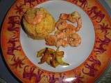 Risotto carottes safrané ,crevettes marinée aux agrumes poêler