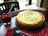 Tarte au fromage blanc sur pâte sablée aux noisettes, compotée de cerises griottes à la cannelle