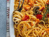 Linguine au potimarron et féta rôtie au sirop d’érable