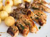 Poulet mariné, champignons aux truffes et pommes noisettes