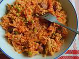 Riz pilaf aux merguez, au poulet et aux petits pois