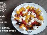 Salade de tomates du jardin et feta (poires, citrina, indigo pears drops)