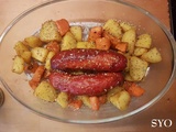 Saucisses fumées, pommes de terre et patates douces parfumées à l'Actifry 2 en 1