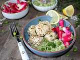 Boulettes de poulet et son écrasé de petits pois