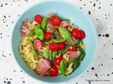 Salade pâtes, haricots verts, tomates cerise et basilic