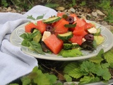 Salade de pastèque, concombre, feta, olives et basilic