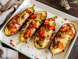 Aubergines rôties au boulgour, tomate cerise, grenade et pesto