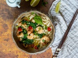 Crevettes aux Nouilles de riz, Sauce au lait de Coco et à l’Ail