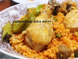 Riz au poulet - boulettes - legumes et petits piments forts farcis frits