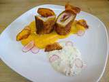 Cordon bleu au Beaufort, sauce yaourt aux fines herbes et piment d'Espelette, purée de patates douces