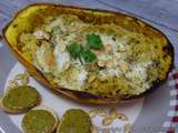 Courge spaghetti gratinée, au lard fumé et pesto de pistaches de Sicile