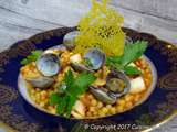 Fregola sardes aux fruits de mer et palourdes, tuile de pain au safran