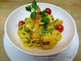 Linguine aux crevettes, petits pois et curry