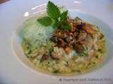 Risotto aux cèpes et aux orties, écumes d'orties et noisettes torréfiées