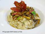 Risotto aux chanterelles, aux cèpes et aux châtaignes, chips de Pancetta au poivre