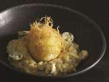 Langues d’oiseaux façon risotto, Fourme d’Ambert et œuf frit aux cheveux d’ange