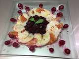 Carpaccio de noix de Saint Jacques au lard croquant et coulis de betterave