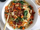 Spaghettis à la courge rôtie, épinards et halloumi grillé