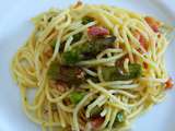 Poêlée de Spaghettis aux Asperges Vertes, Petits Pois et Lardons