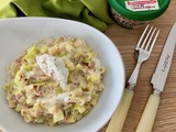 Risotto de pâtes au poireau, thon et fromage de chèvre fouetté