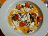 Linguines aux lentilles beluga et à la truite fumée