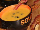 Veloute epice de butternut au lard et legumes oublies, tranches de poitrine grillee