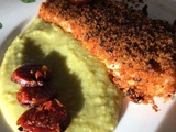 Filet de poisson blanc en croûte de chorizo et purée de pois cassés