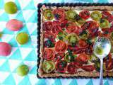 Tarte aux tomates anciennes, ricotta, pâte sablée à l'olive noire de Nyons et pesto de coriandre, oui, rien que çà