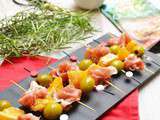 Brochettes de jambon de parme, d’olives et d’orange