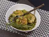 Boulettes de poulet fèves et petits pois