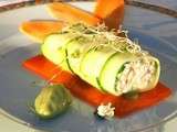 Courgette en rouleau de crabe, gelée de carottes aux agrumes, sorbet avocat mandarine