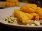 Julienne et bisque de crevette, courge et courgette, frites de polenta