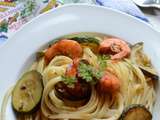 Linguine aux courgettes et crevettes marinées