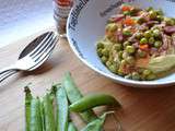 Spaghetti aux petits pois frais, lardons, tomates