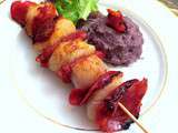 Brochettes de Saint Jacques au Chorizo, Purée de Pommes de terre Vitelotte