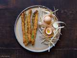 Asperges panées aux noisettes et au parmesan, oeuf à la coque