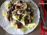 Menu de fête à petit prix , entrée , salade de boudin blanc aux châtaignes et échalotes confites