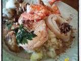 Risotto et nage de saumon , cabillaud et fruits de mer au garam massala et coco