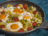 Poêlée de poireaux au chorizo et aux œufs sur le plat